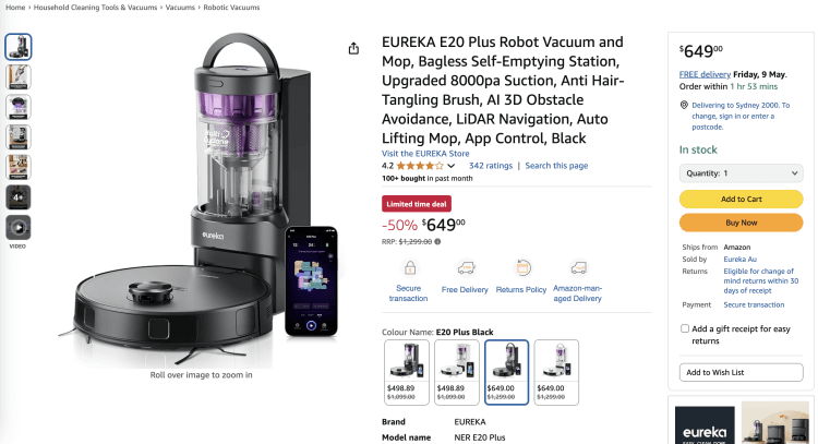 Amazon: EUREKA E20 Plus Robot Vacuum and Mop – 50% Off, now $649